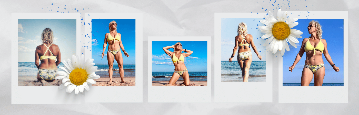 Pictures of a woman in menopause in a bikini on the beach