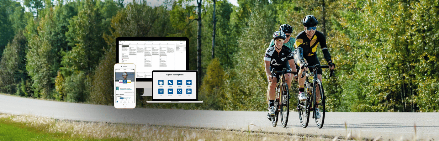 Tammy Slauenwhite cycling in a race beside other athletes with TrainingPeaks app visuals overlayed.