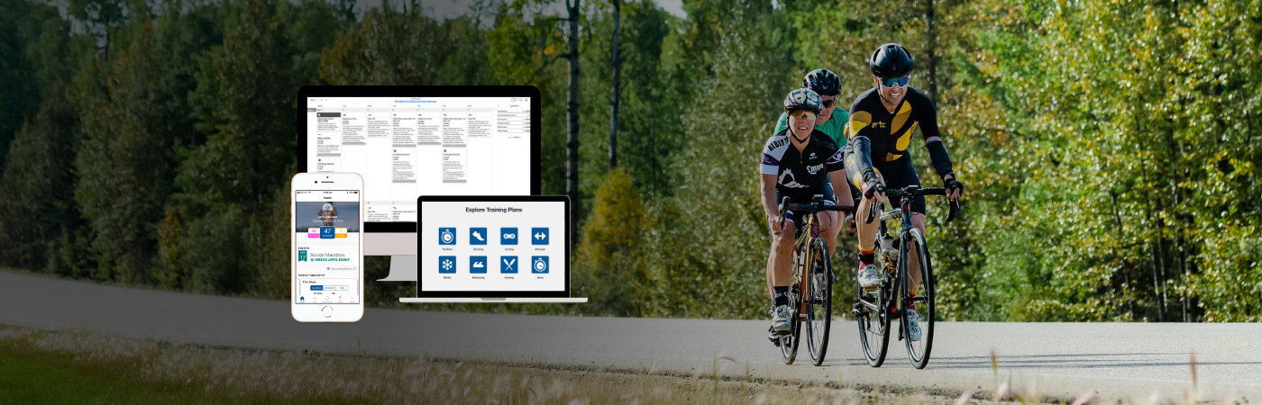 Tammy Slauenwhite cycling in a race beside other athletes with TrainingPeaks app visuals overlayed.